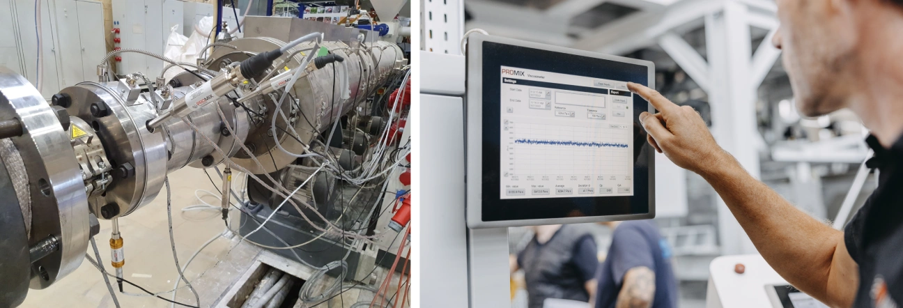Inline viscosity control with integrated mixing effect